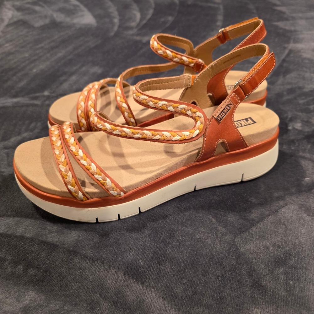 Pikolinos Mahon W9E-0912 Leather Braided Strappy Platform Sandals Orange Size 42